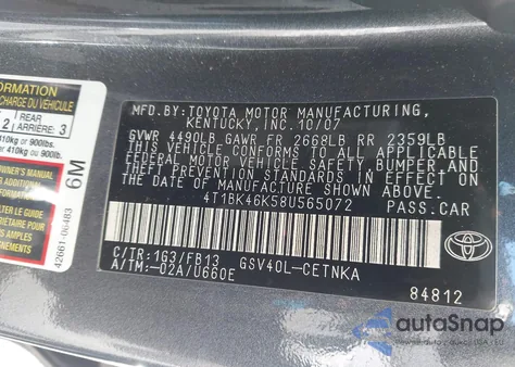 2008 Toyota Camry Le V6 from USA, damaged, VIN 4T1BK46K58U565072